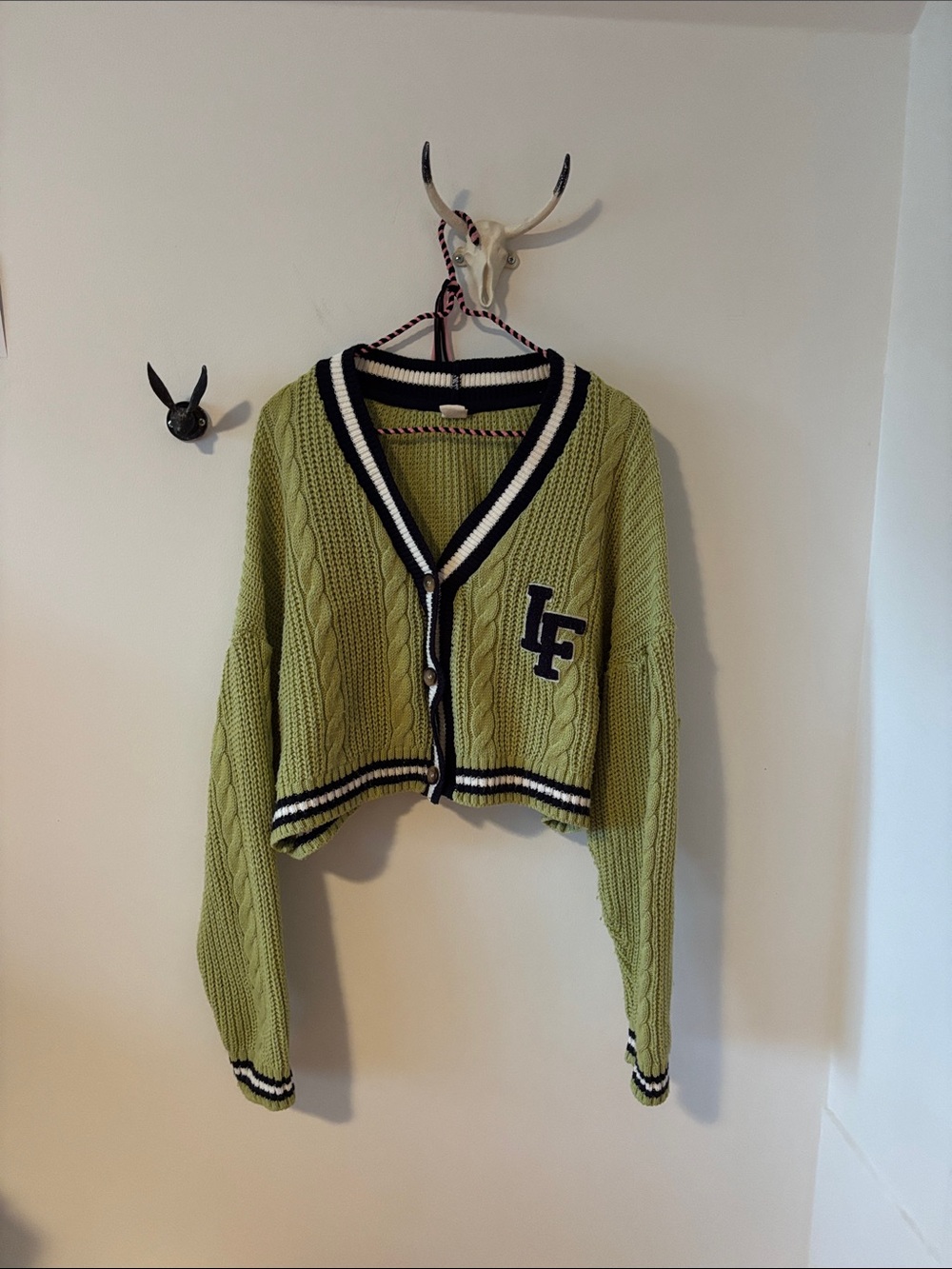 Urban Outfitters Green Cable-Knit Cropped Cardigan Sweater